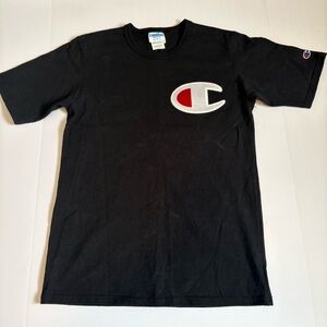 Vintage Champion Black Tee with Big Bold White and Red Detail Logo, Sz M.